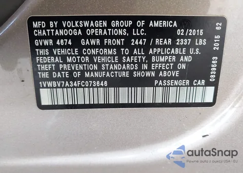 2015 Volkswagen Passat 2.0L Tdi Se z USA, uszkodzony, nr VIN 1VWBV7A34FC073646